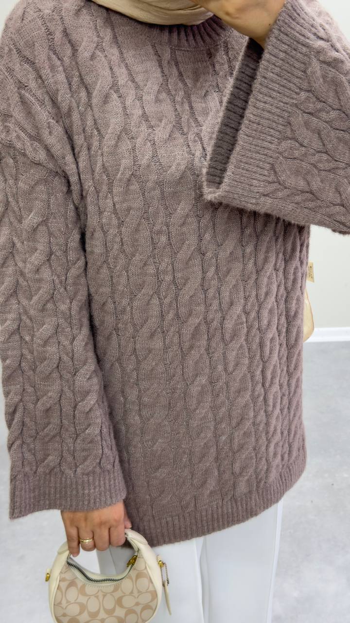 2653 - Örgülü Triko Kazak - Vizon