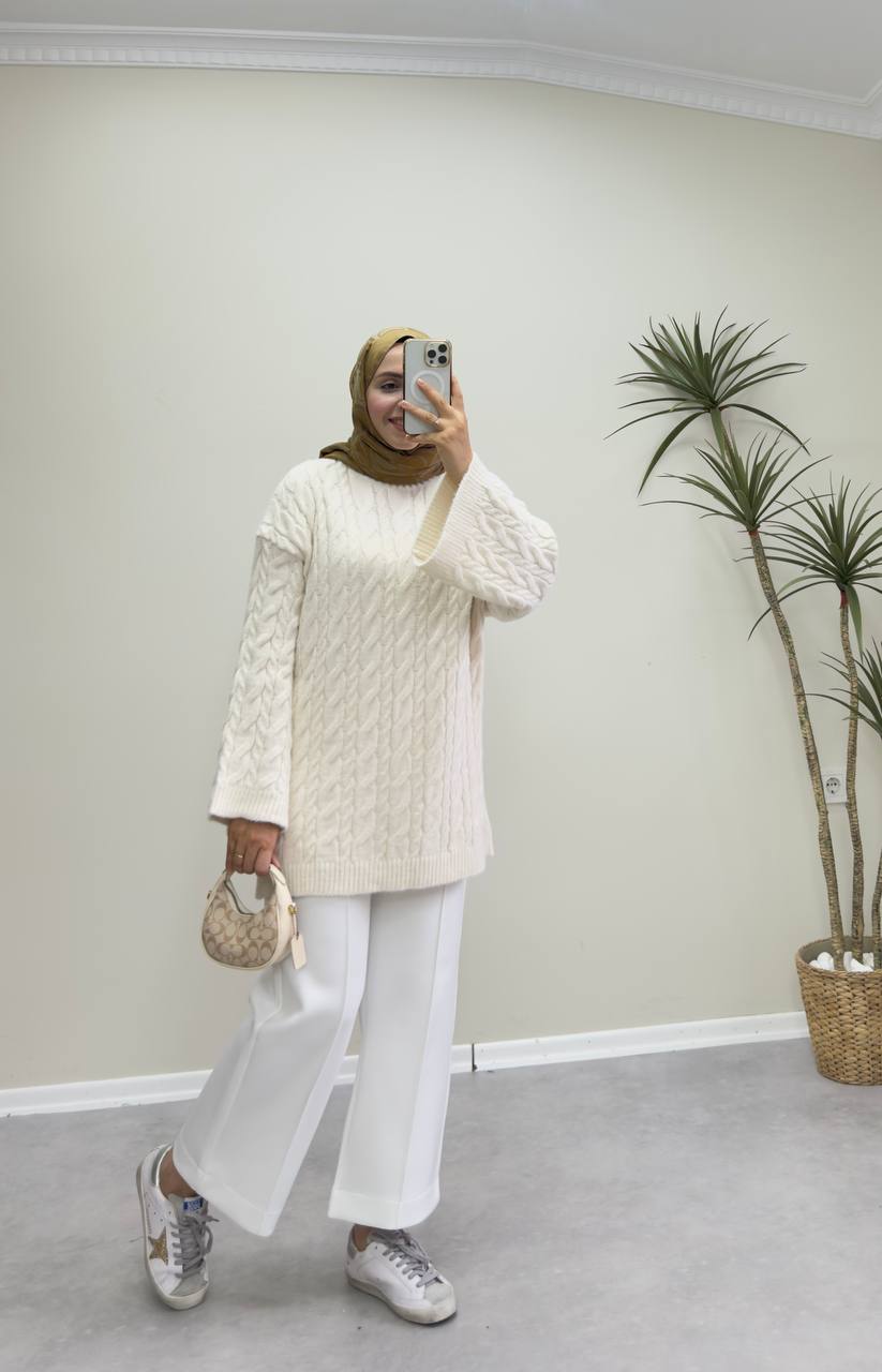 2653 - Örgülü Triko Kazak - Krem