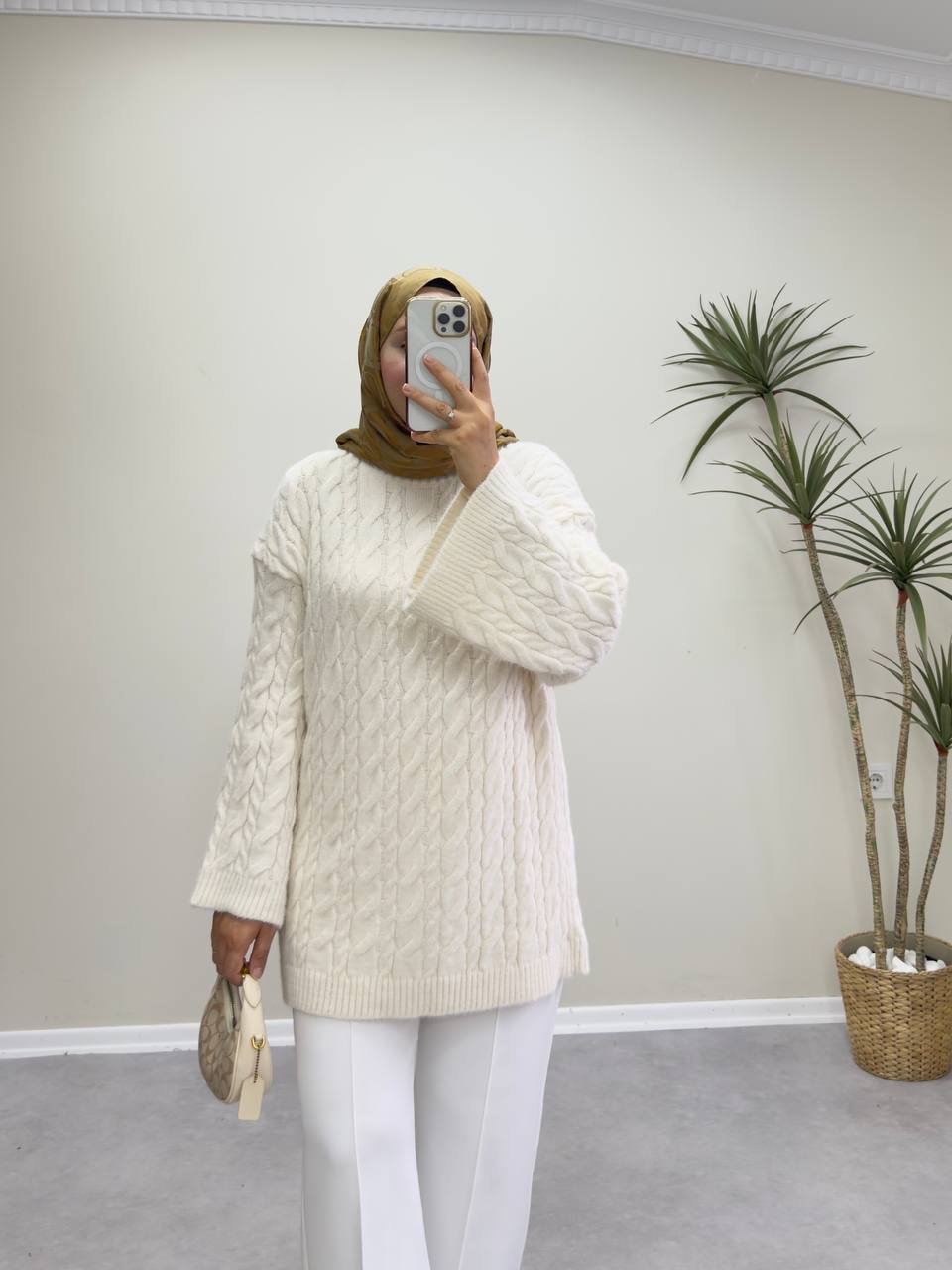 2653 - Örgülü Triko Kazak - Krem