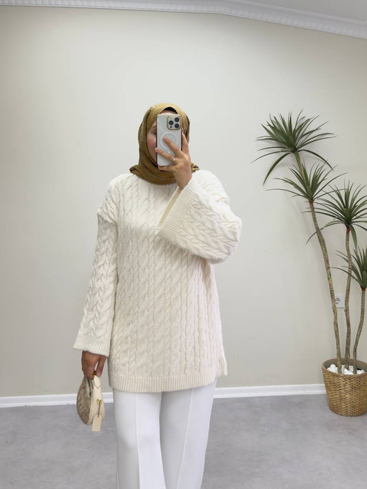 2653 - Örgülü Triko Kazak - Krem