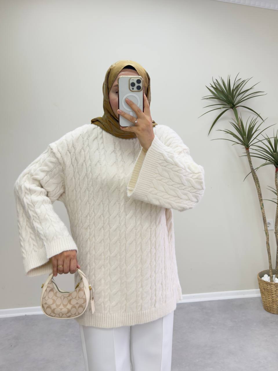 2653 - Örgülü Triko Kazak - Krem