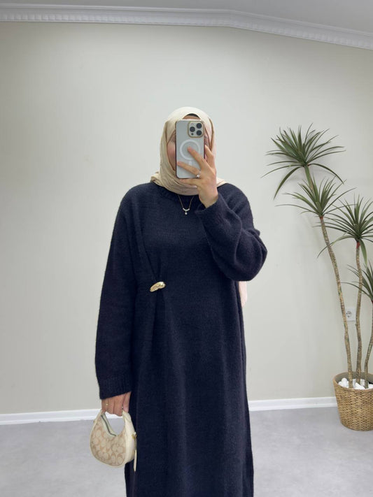 2660 - Broşlu Triko Elbise - Siyah