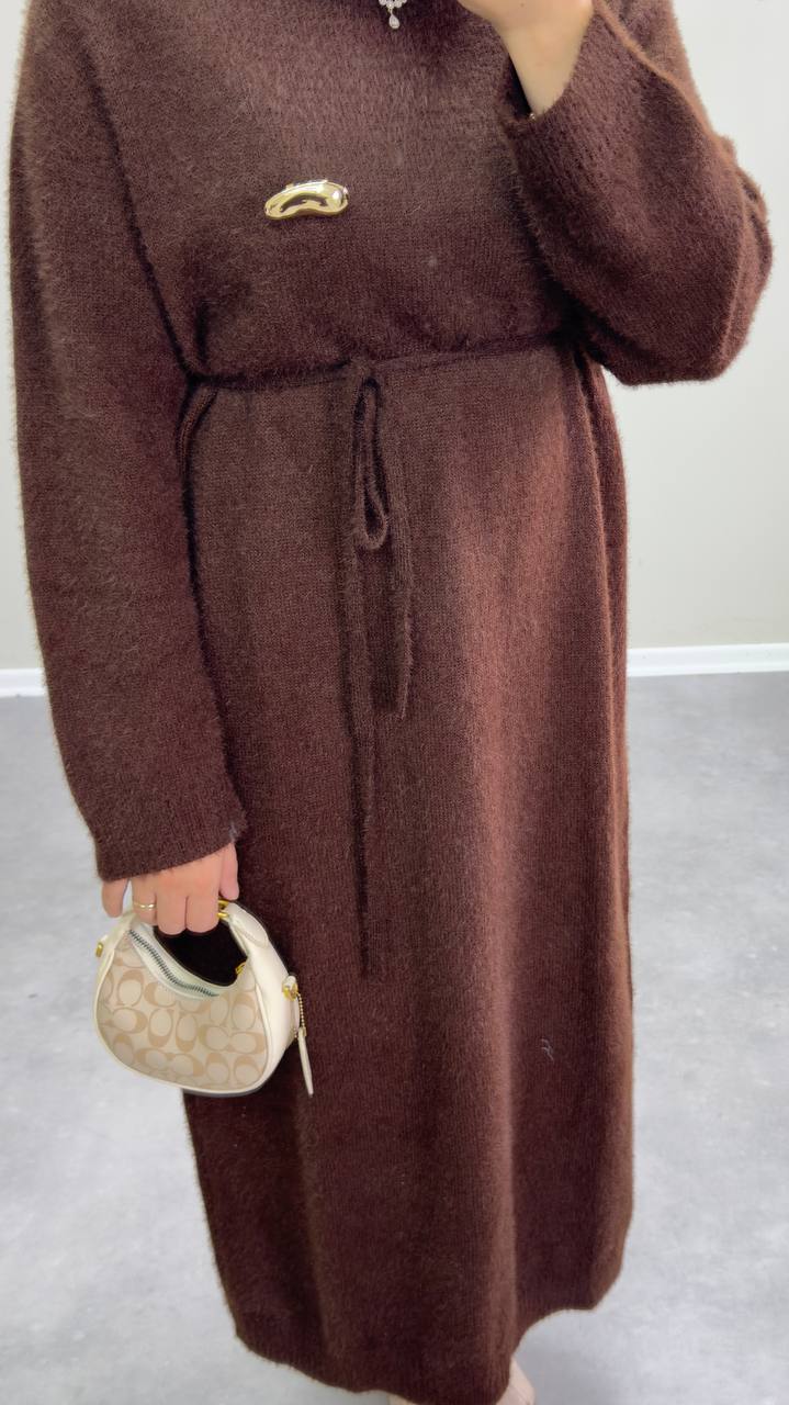 2660 - Broşlu Triko Elbise - Acı Kahve