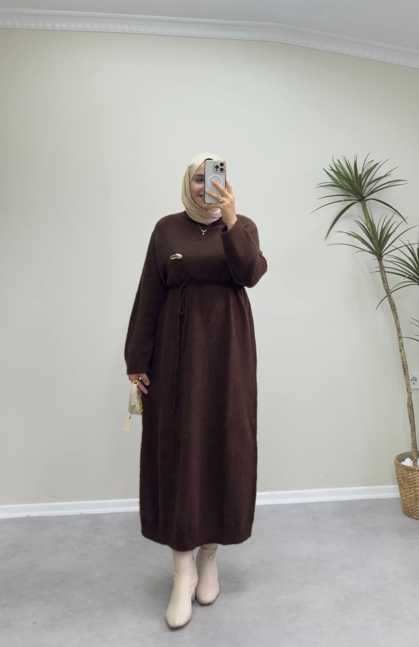 2660 - Broşlu Triko Elbise - Acı Kahve