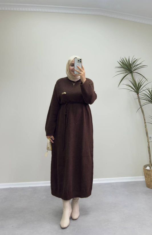 2660 - Broşlu Triko Elbise - Acı Kahve