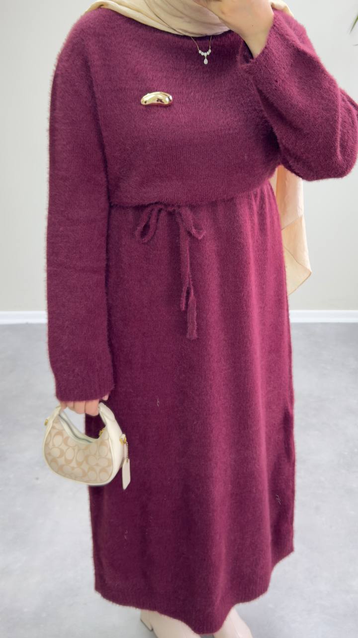 2660 - Broşlu Triko Elbise - Bordo