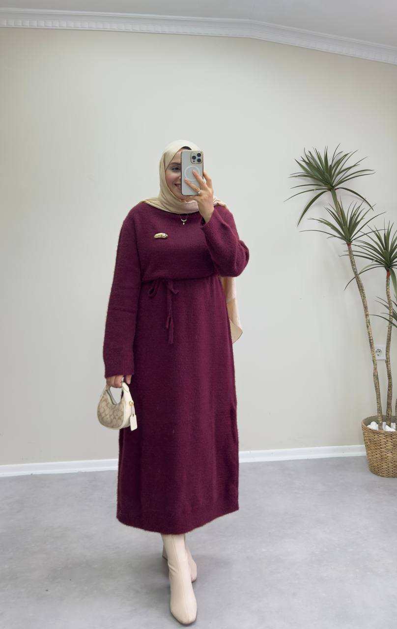 2660 - Broşlu Triko Elbise - Bordo