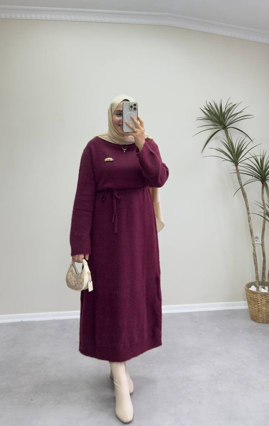 2660 - Broşlu Triko Elbise - Bordo