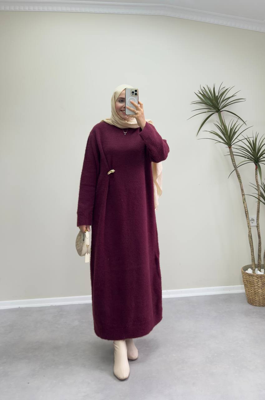 2660 - Broşlu Triko Elbise - Bordo