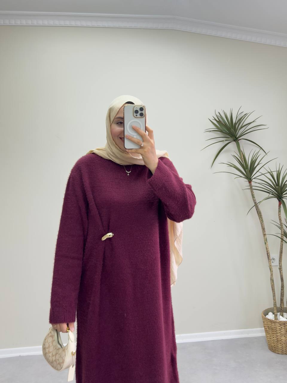 2660 - Broşlu Triko Elbise - Bordo