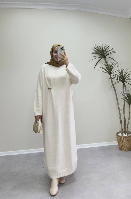 2660 - Broşlu Triko Elbise - Krem