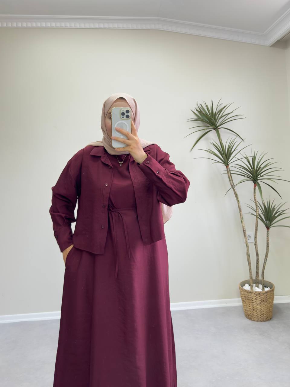 2158 - Gömlekli Jile Elbise - Bordo