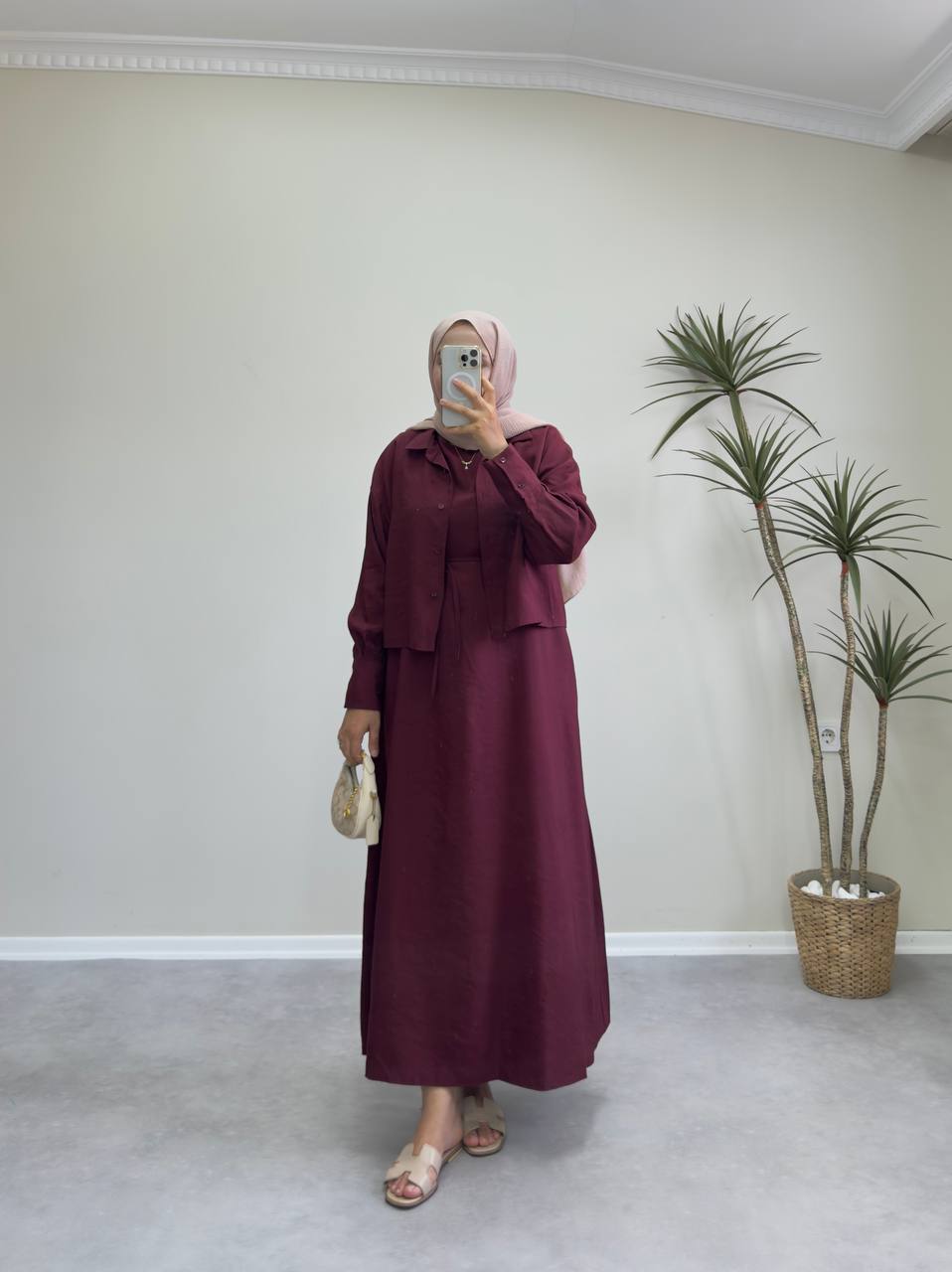 2158 - Gömlekli Jile Elbise - Bordo