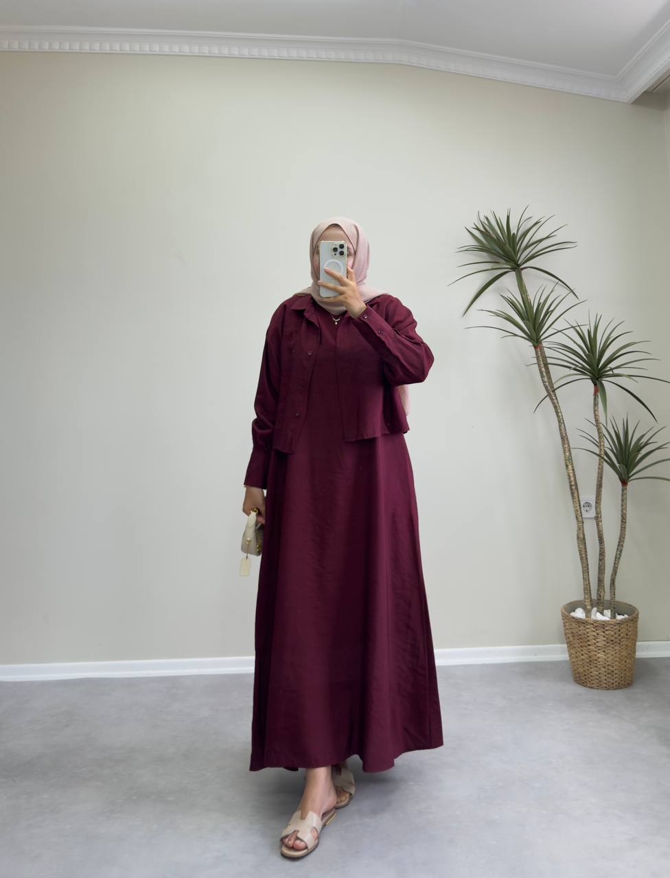 2158 - Gömlekli Jile Elbise - Bordo