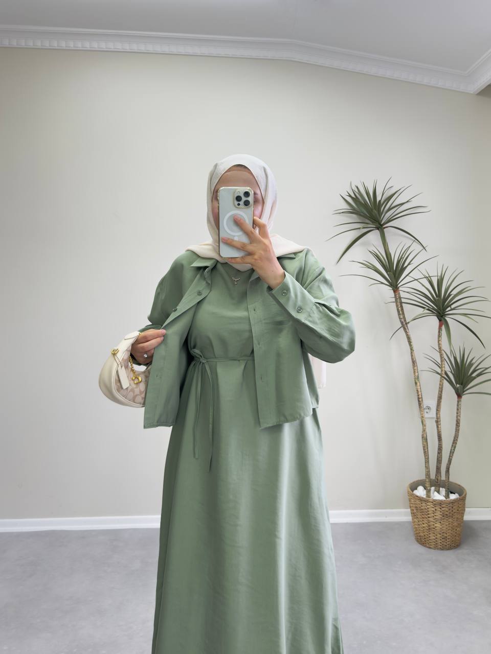 2158 - Gömlekli Jile Elbise - Haki yeşil