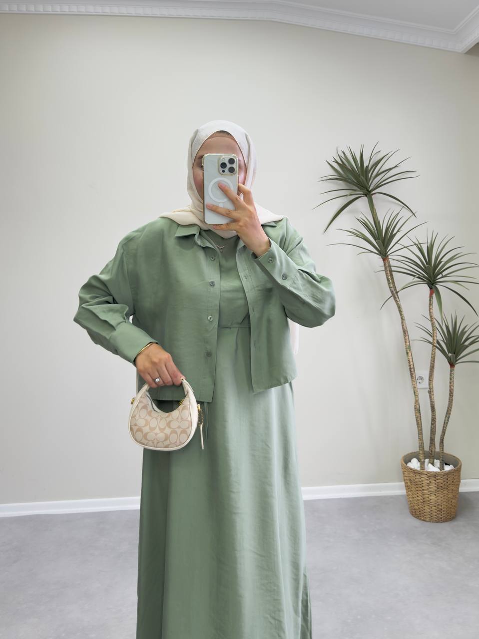 2158 - Gömlekli Jile Elbise - Haki yeşil