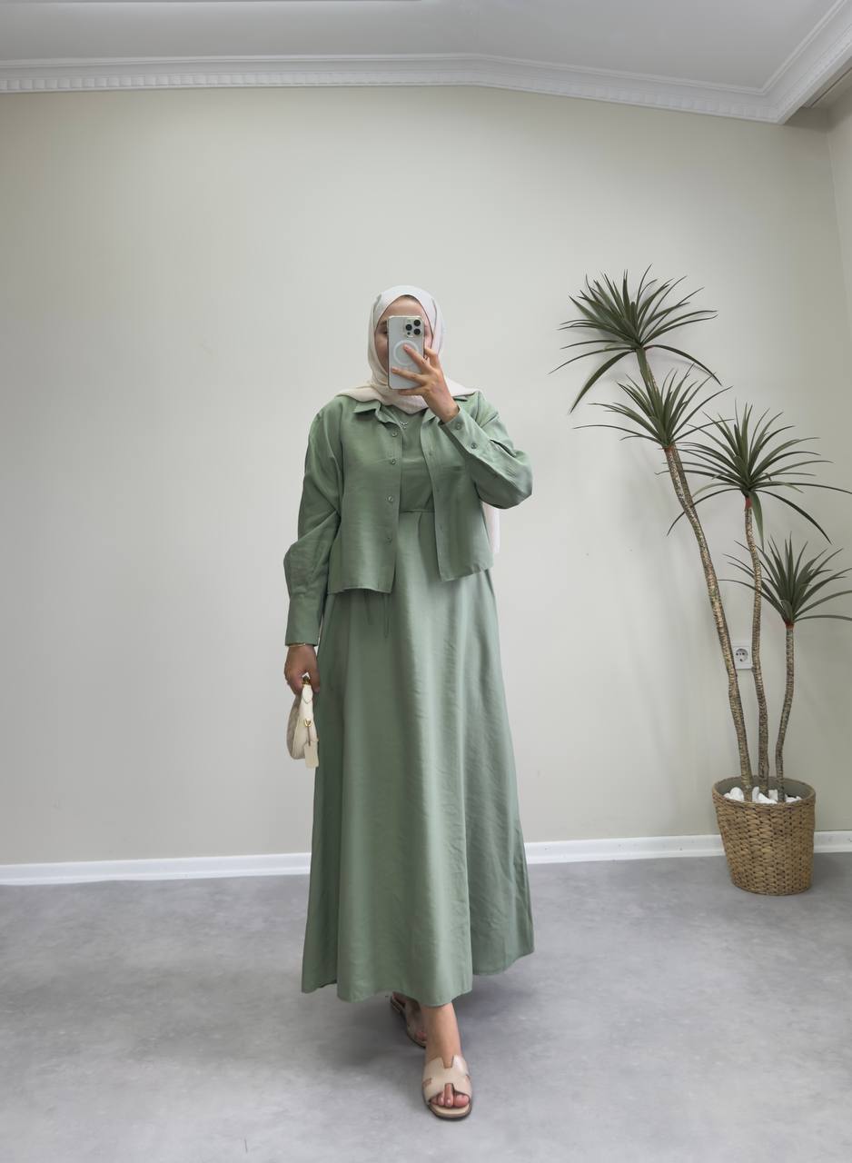 2158 - Gömlekli Jile Elbise - Haki yeşil
