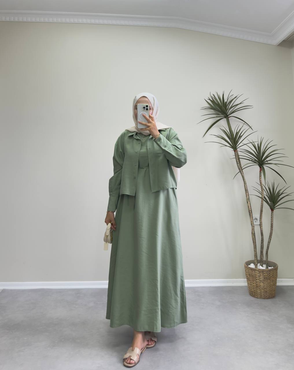 2158 - Gömlekli Jile Elbise - Haki yeşil