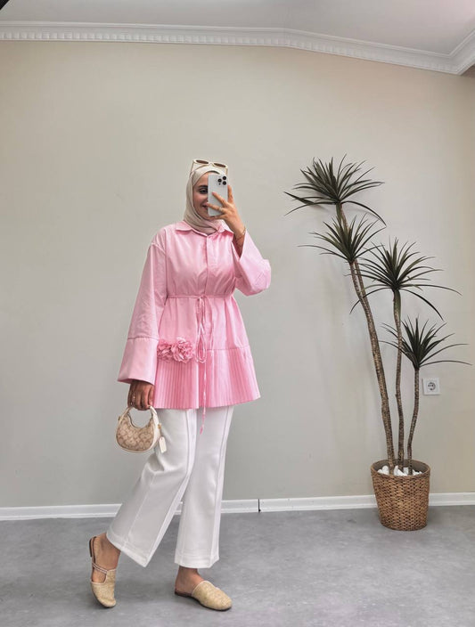 1724 - Çiçek Detaylı Pileli Tunik - Pembe