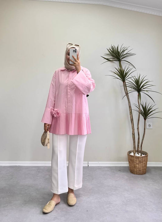 1724 - Çiçek Detaylı Pileli Tunik - Pembe