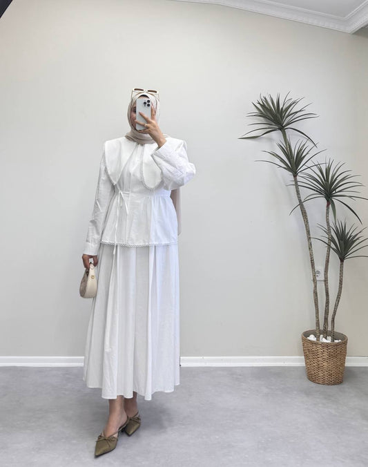1823 - Uzun Yakalı Etek Takım -  Beyaz