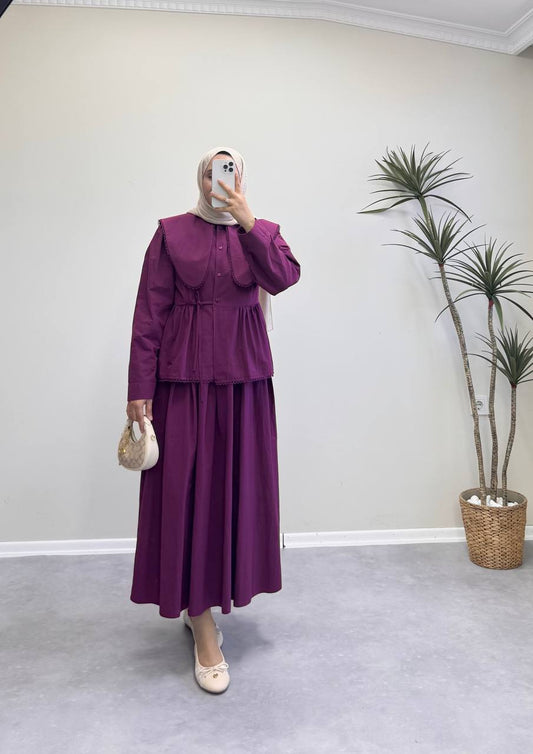 1823 - Uzun Yakalı Etek Takım -  Mürdüm