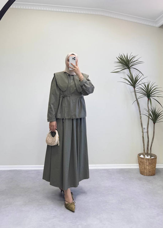 1823 - Uzun Yakalı Etek Takım - Haki Yeşil
