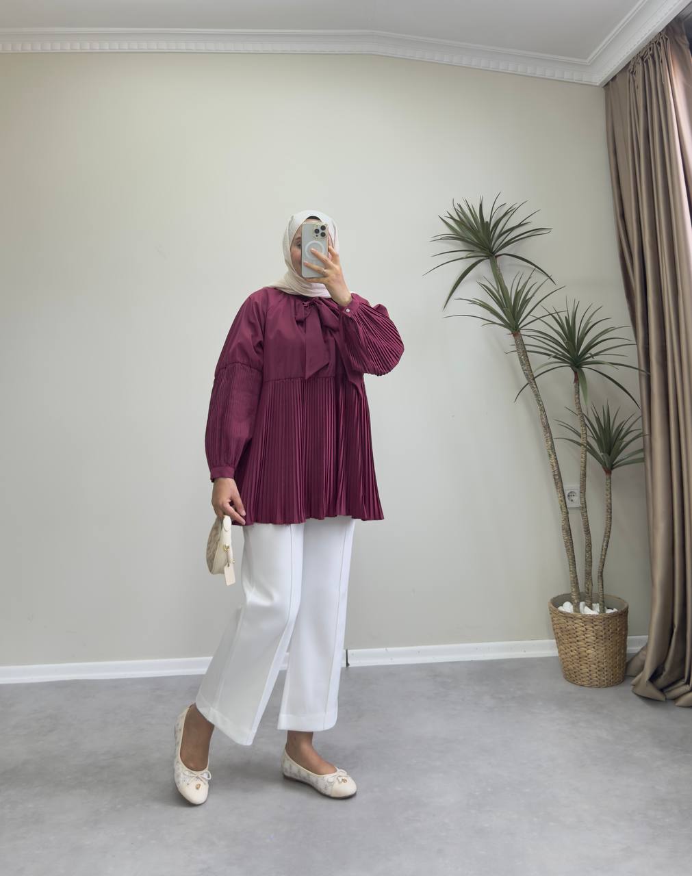 2080 - Kolu Pİliseli Tunik - Bordo