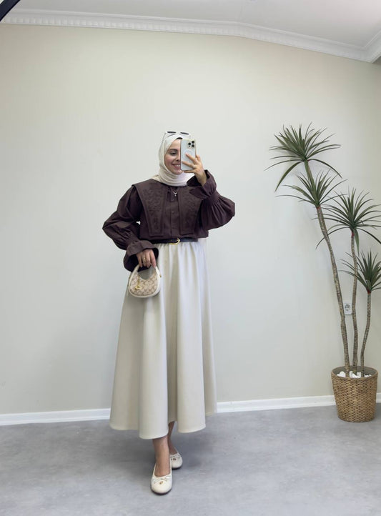 2363 - Yakası Nakışlı Gömlek - Acı Kahve