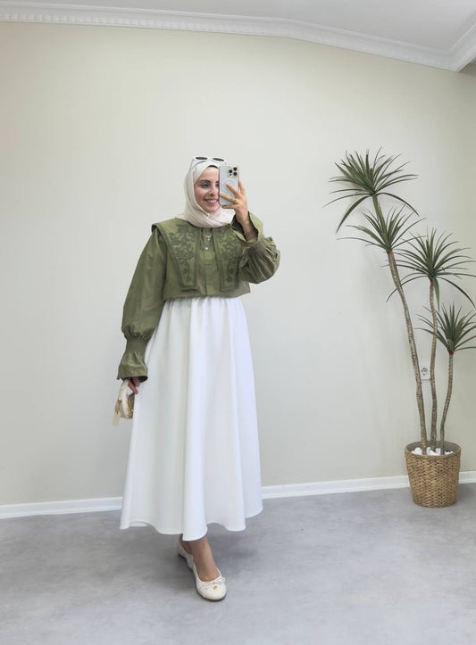 2363 - Yakası Nakışlı Gömlek - Haki Yeşil