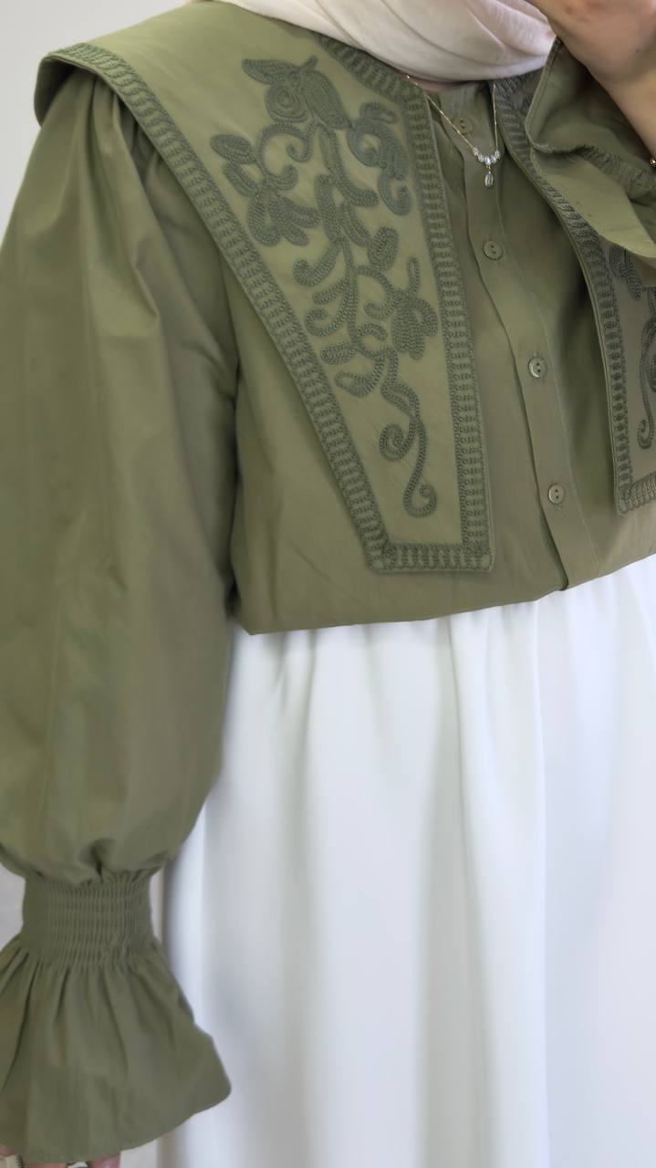 2363 - Yakası Nakışlı Gömlek - Haki Yeşil