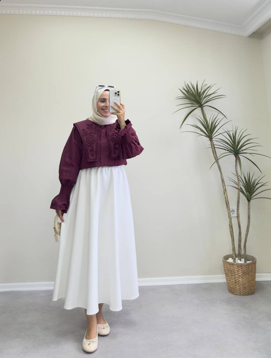 2363 - Yakası Nakışlı Gömlek - Bordo