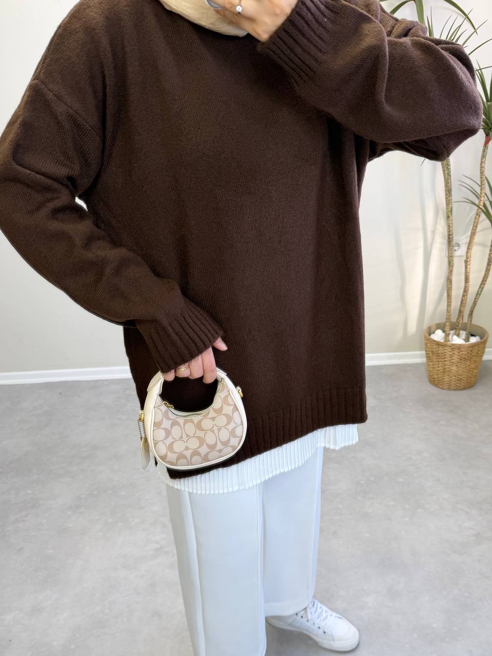 2820 - Düz Basıc Kazak - Acı Kahve