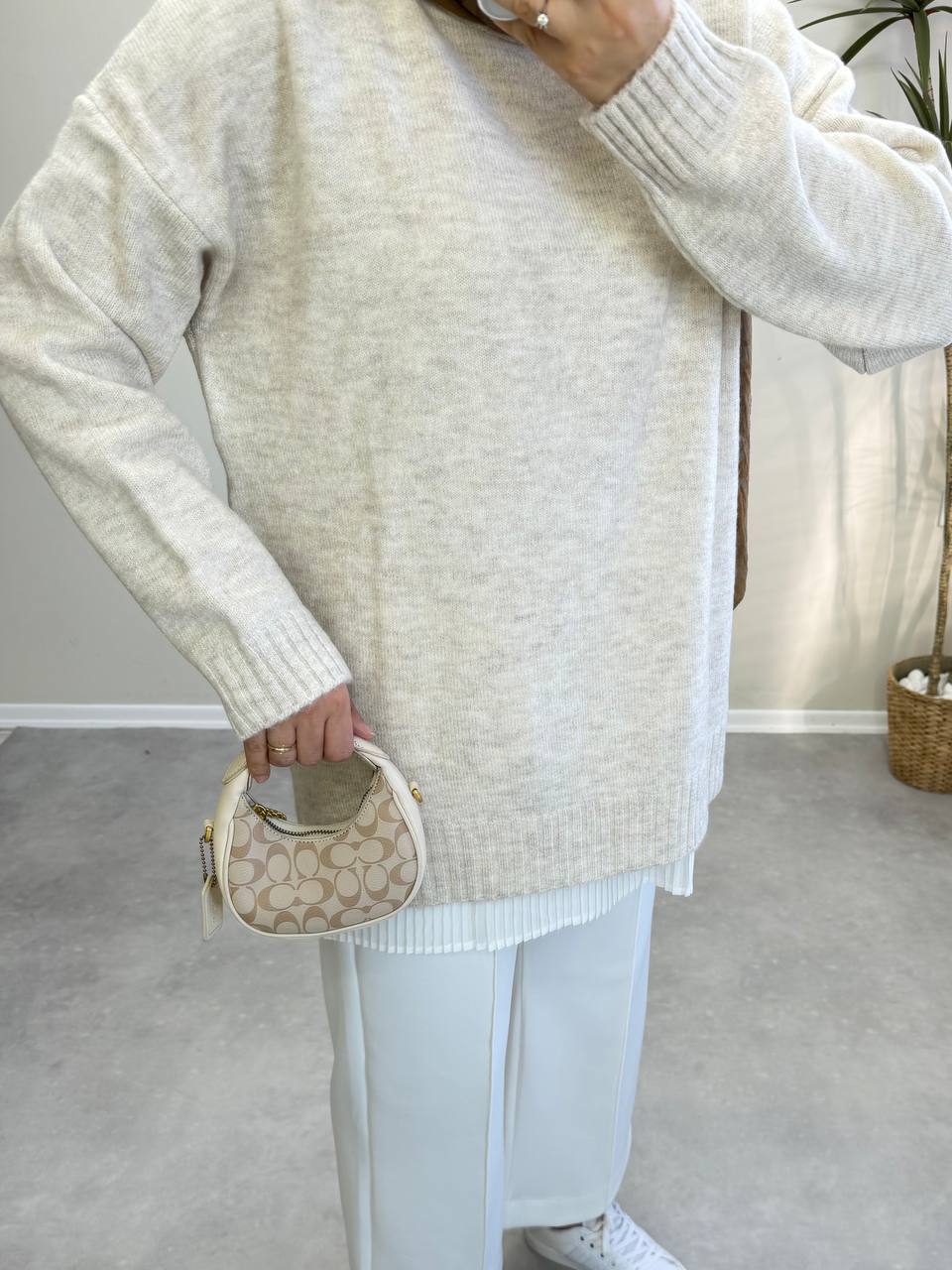 2820 - Düz Basıc Kazak - Krem