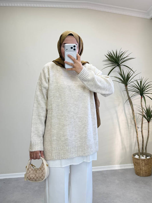 2820 - Düz Basıc Kazak - Krem