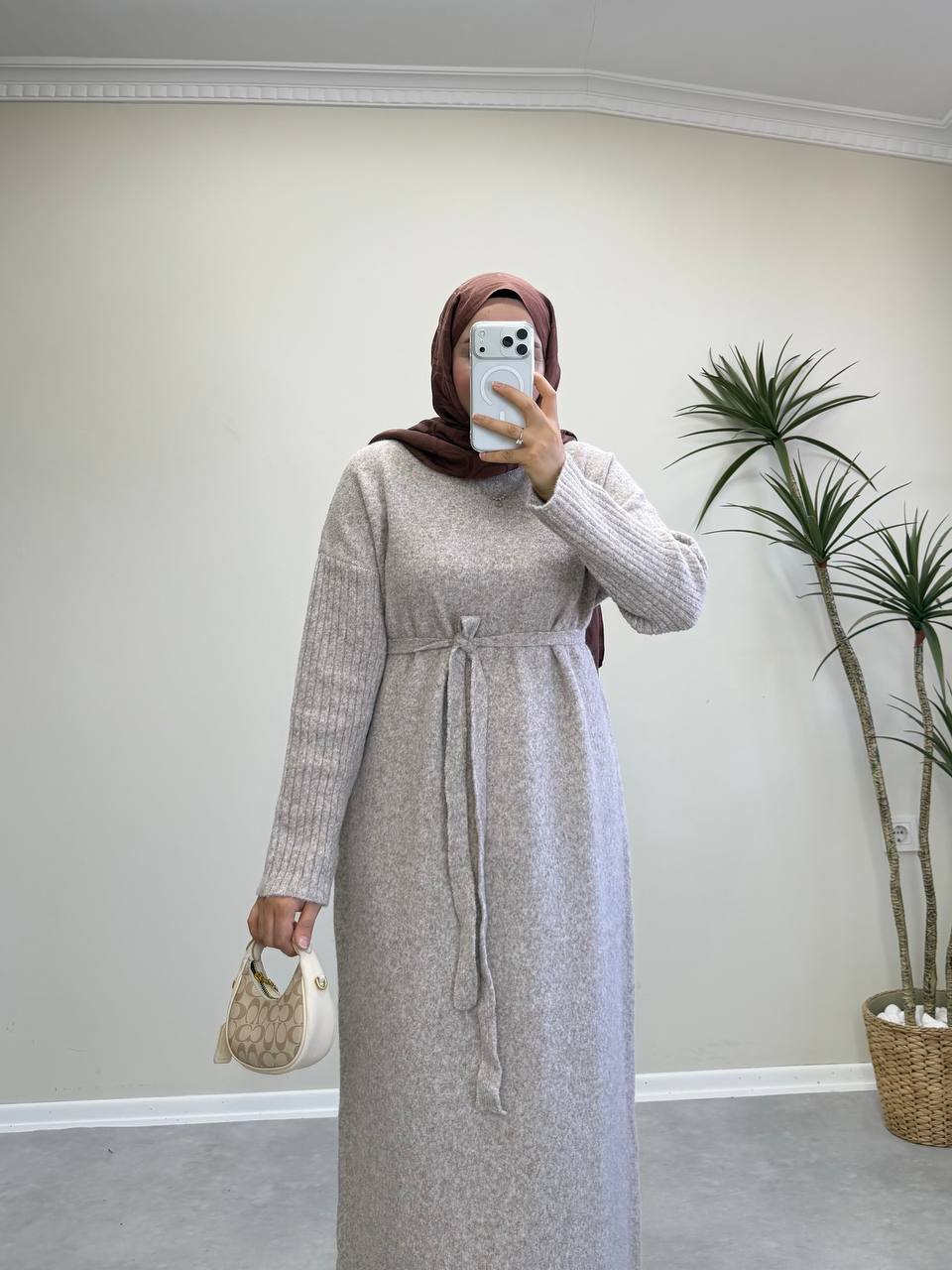 2868 - Yünlü Triko Elbise - Bej