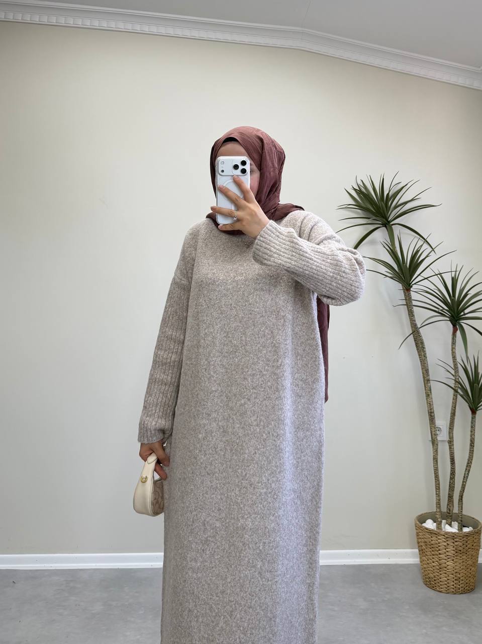 2868 - Yünlü Triko Elbise - Bej