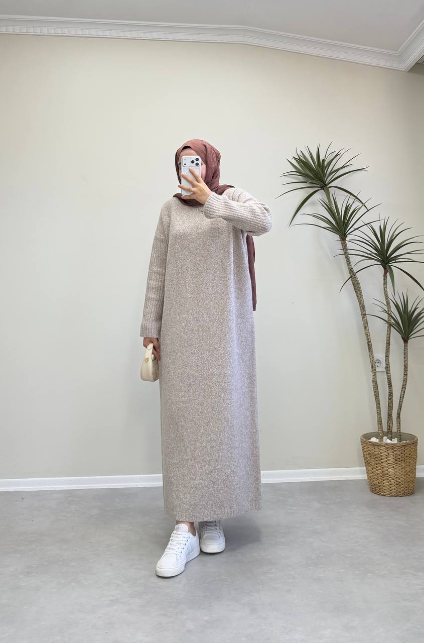 2868 - Yünlü Triko Elbise - Bej