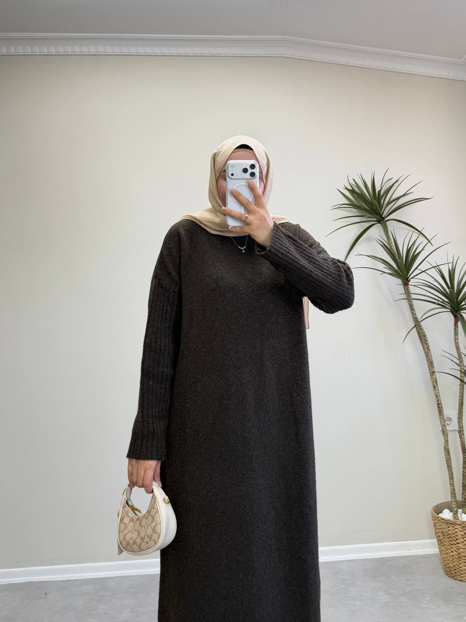 2868 - Yünlü Triko Elbise - Acı Kahve