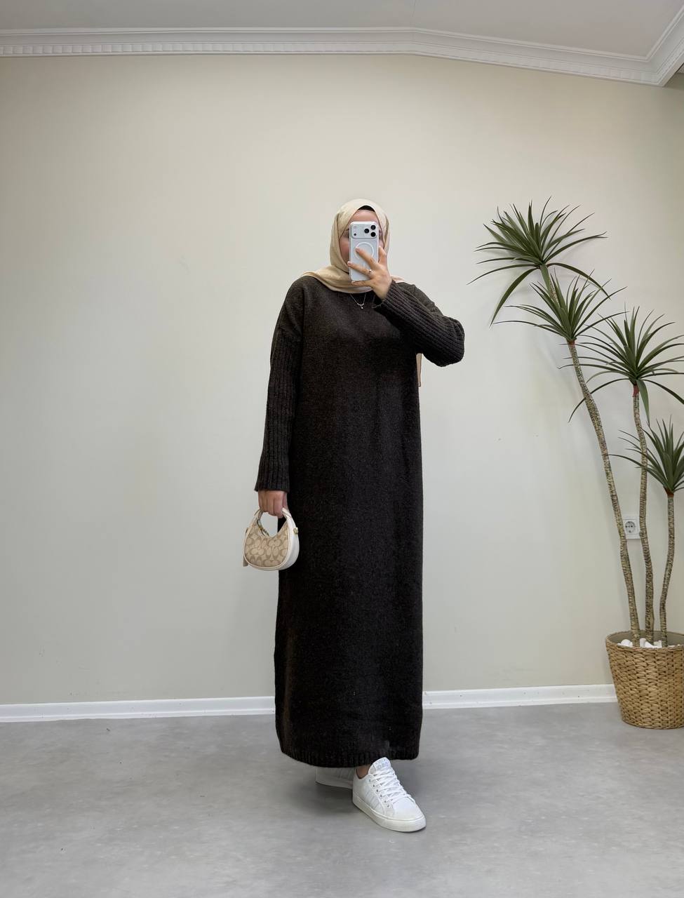 2868 - Yünlü Triko Elbise - Acı Kahve