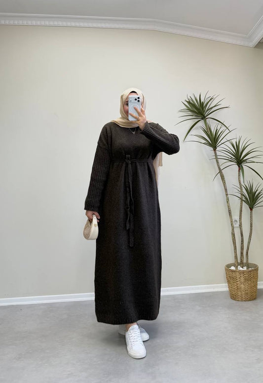 2868 - Yünlü Triko Elbise - Acı Kahve