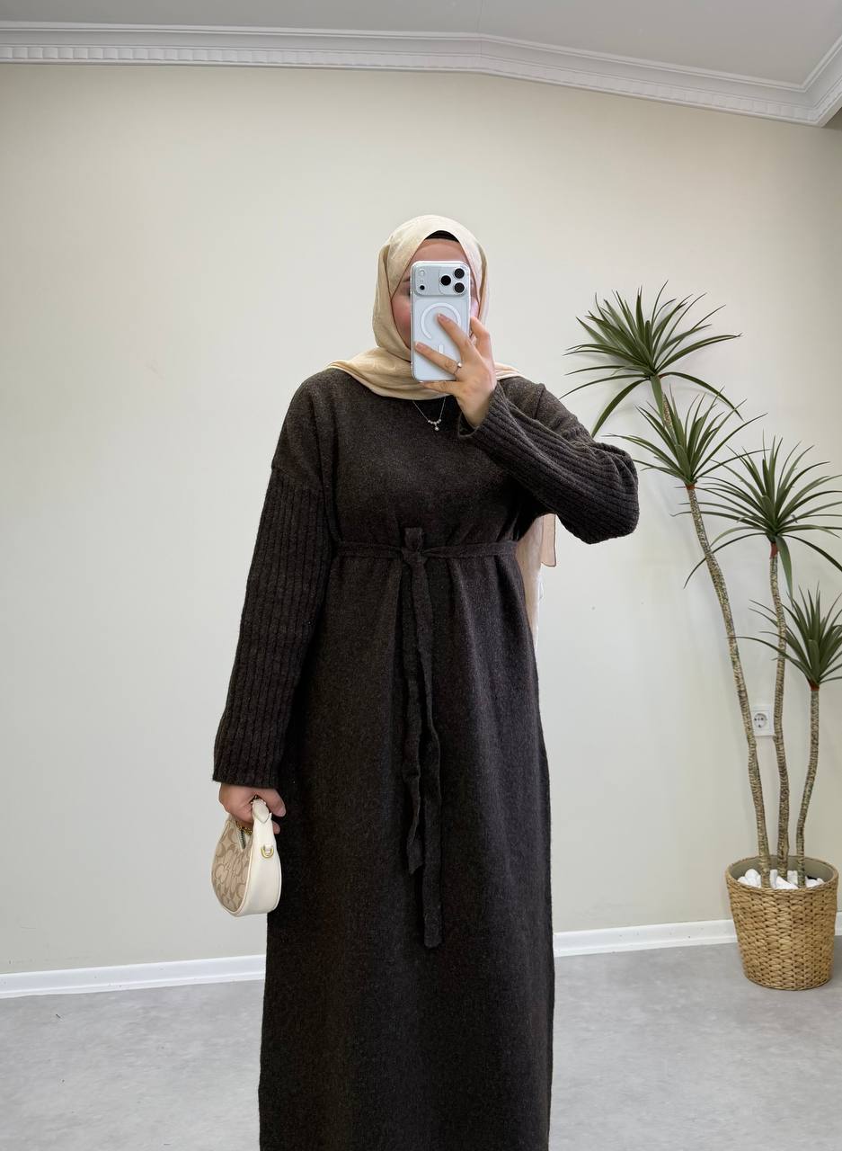 2868 - Yünlü Triko Elbise - Acı Kahve