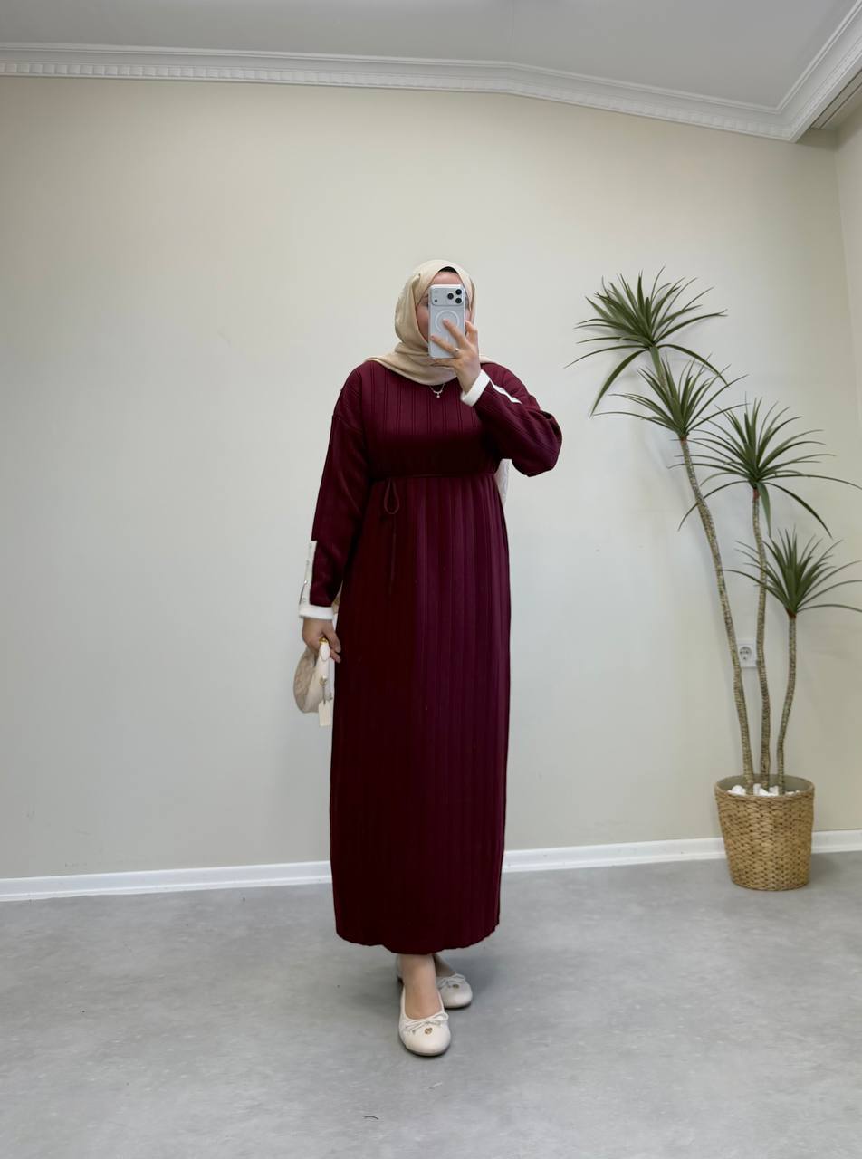 2851 - Kolu Taşlı Triko Elbise - Bordo