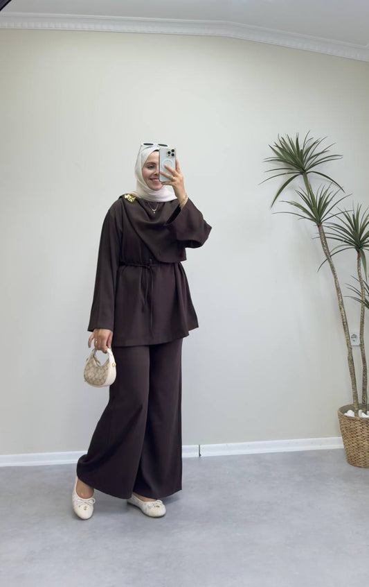2387 - Şal Yaka Pantolon Takım - Acı Kahve