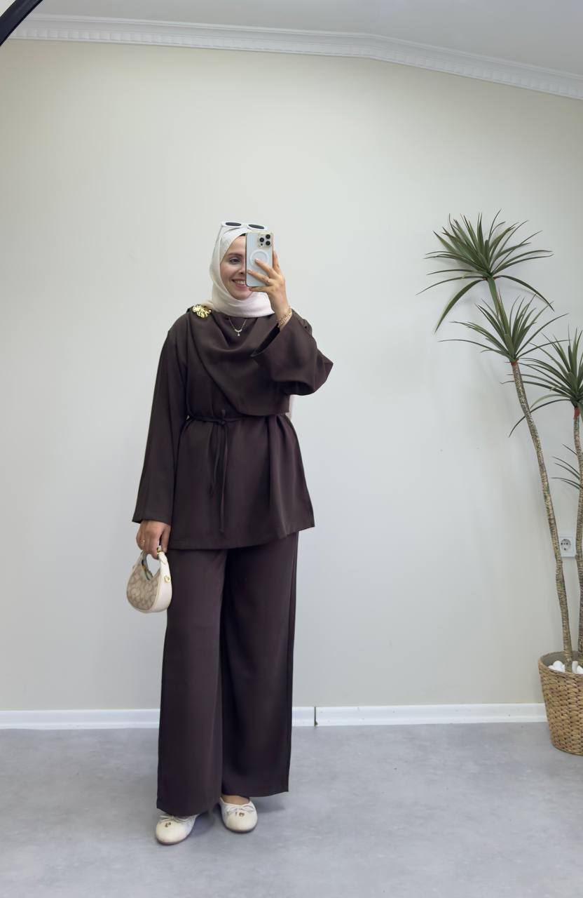 2387 - Şal Yaka Pantolon Takım - Acı Kahve