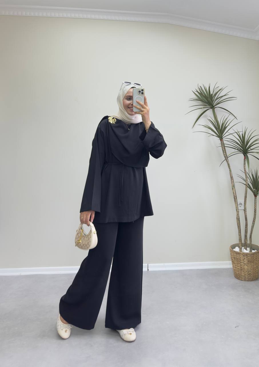 2387 - Şal Yaka Pantolon Takım - Siyah