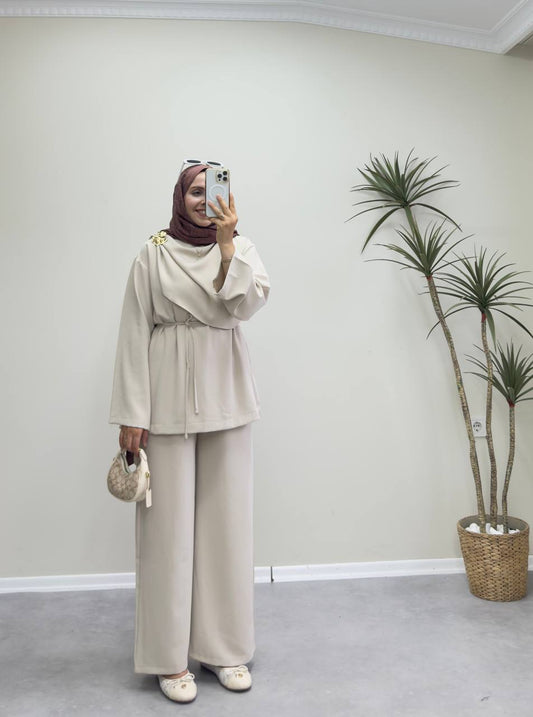 2387 - Şal Yaka Pantolon Takım -Bej