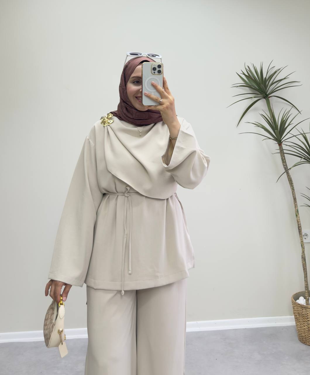 2387 - Şal Yaka Pantolon Takım -Bej