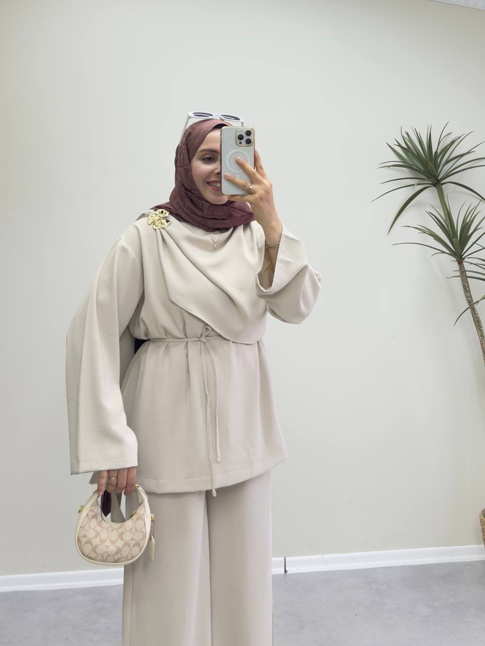 2387 - Şal Yaka Pantolon Takım -Bej