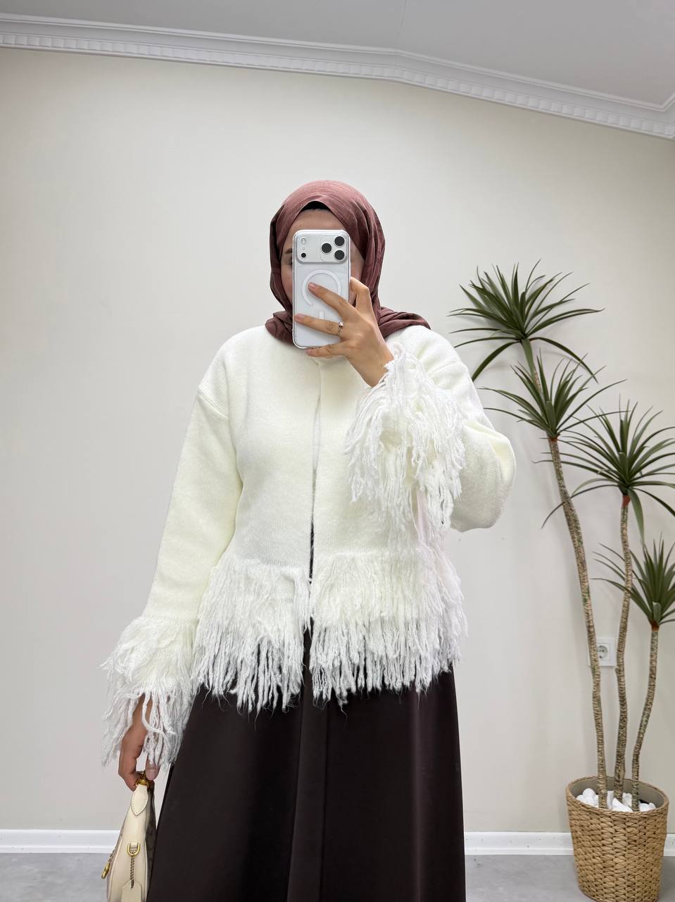 2912 - Saçaklı Hırka - Krem